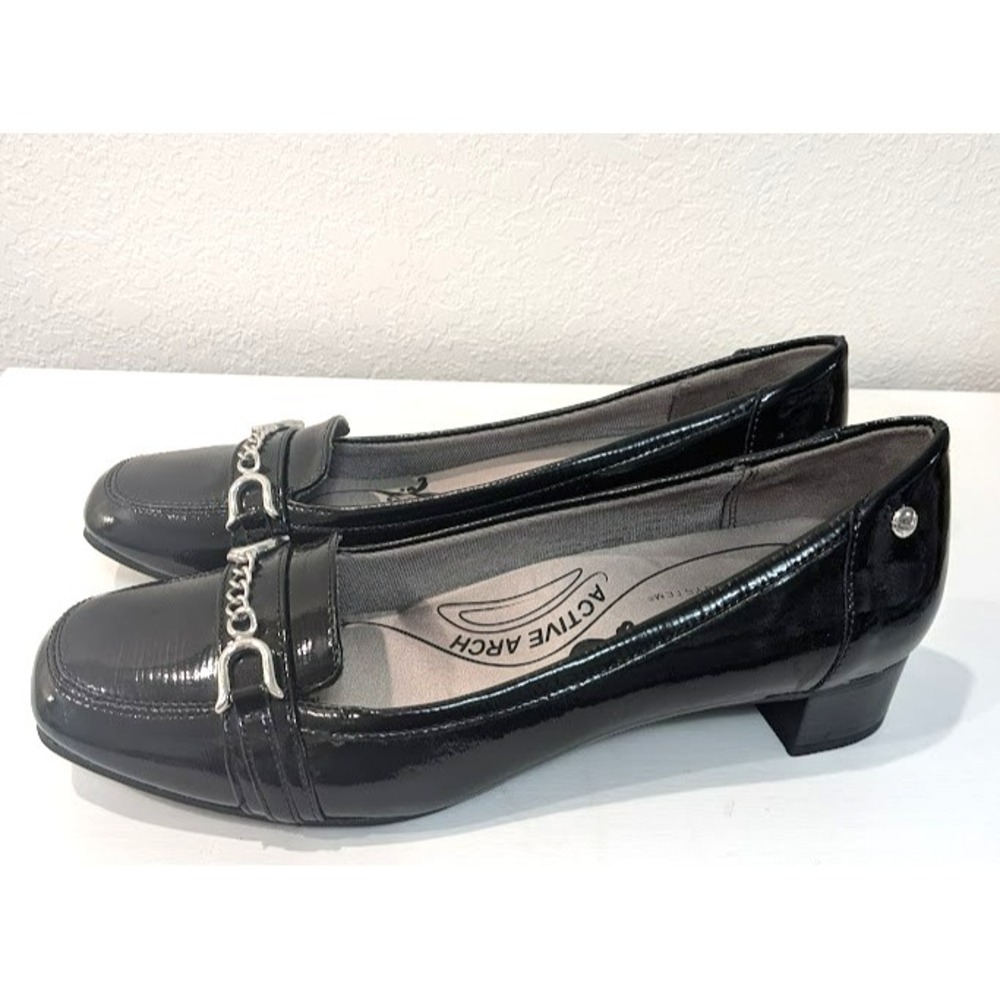 Black Patent Block Heel Loafer Silver Chain Y2K LifeStride Women 10M Soft System - Picture 2 of 7